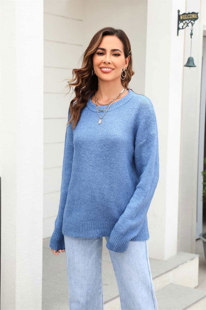 Round Neck Ribbed Long Sleeve Sweater - Vesteeto