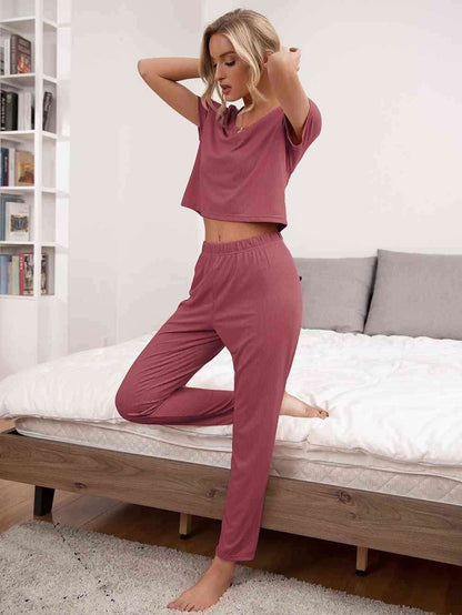 Round Neck Short Sleeve Top and Pants Lounge Set - Vesteeto