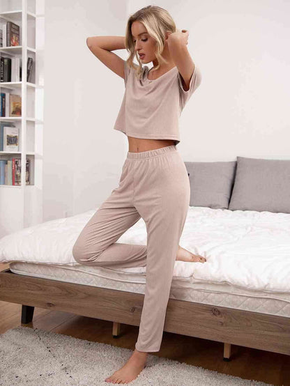 Round Neck Short Sleeve Top and Pants Lounge Set - Vesteeto