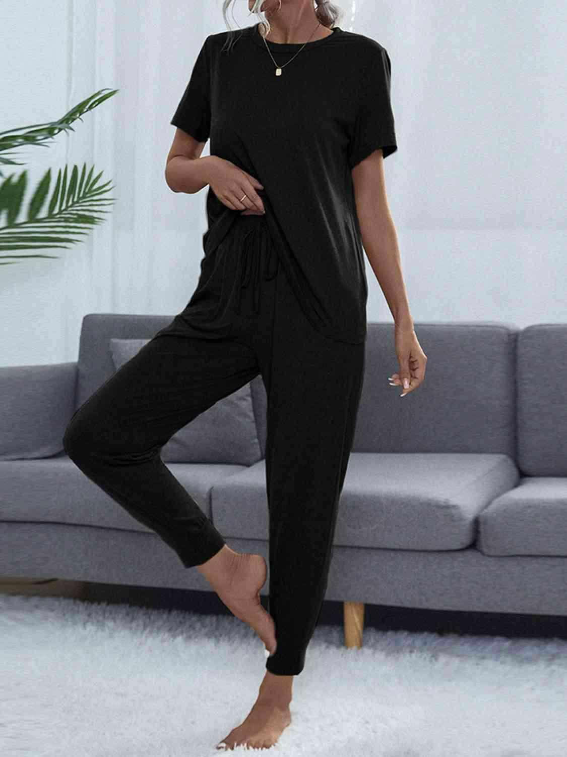 Round Neck Short Sleeve Top and Pants Set - Vesteeto