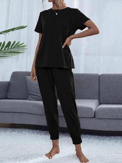 Round Neck Short Sleeve Top and Pants Set - Vesteeto