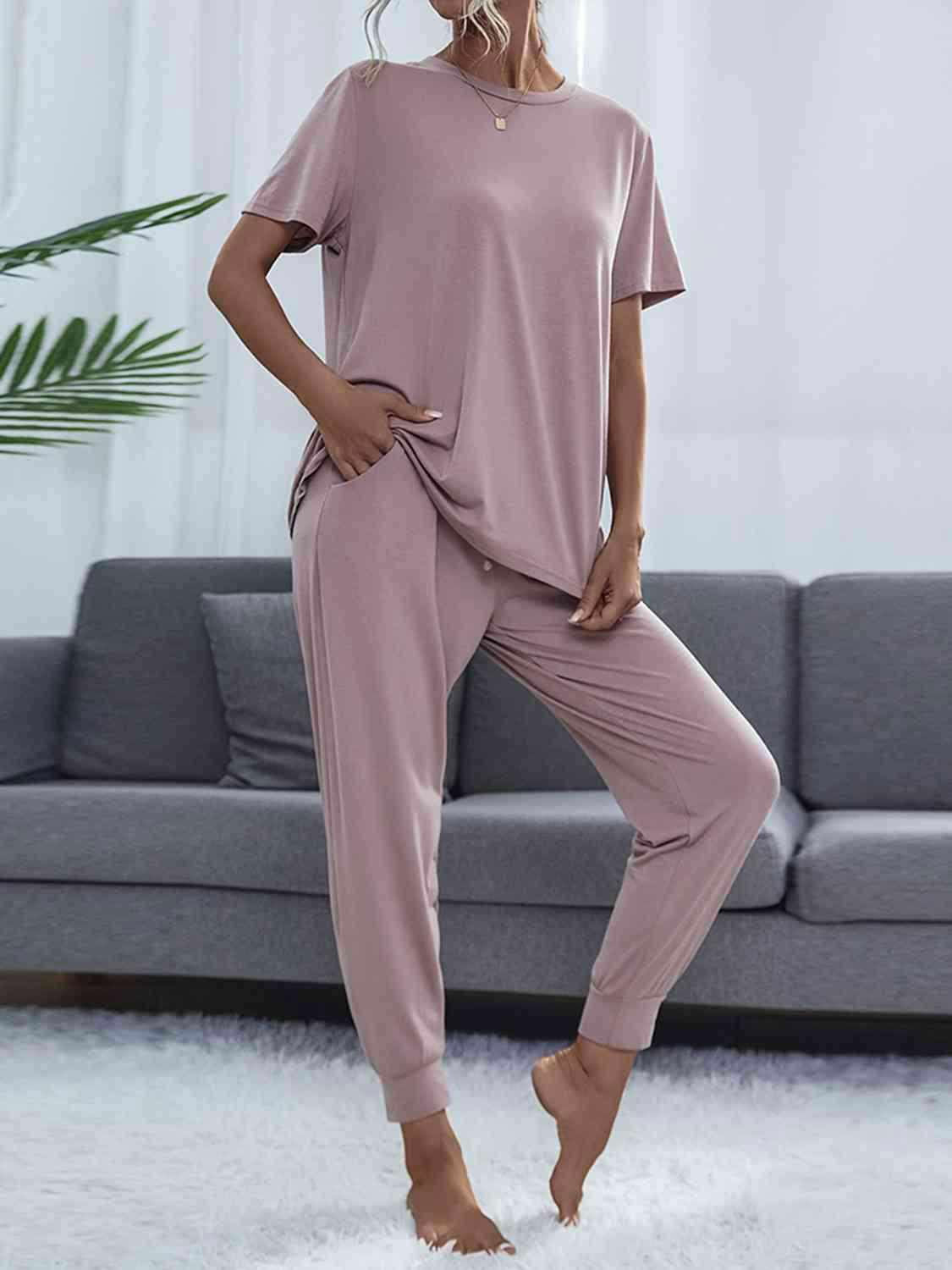 Round Neck Short Sleeve Top and Pants Set - Vesteeto