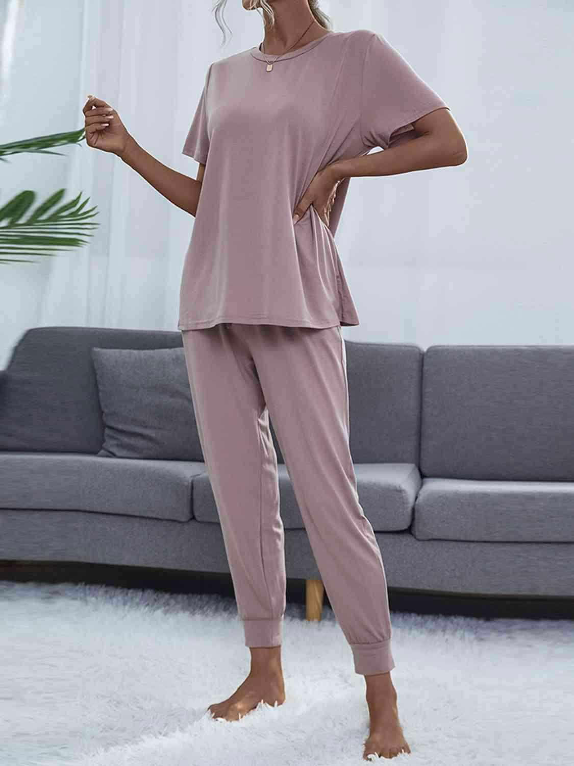 Round Neck Short Sleeve Top and Pants Set - Vesteeto