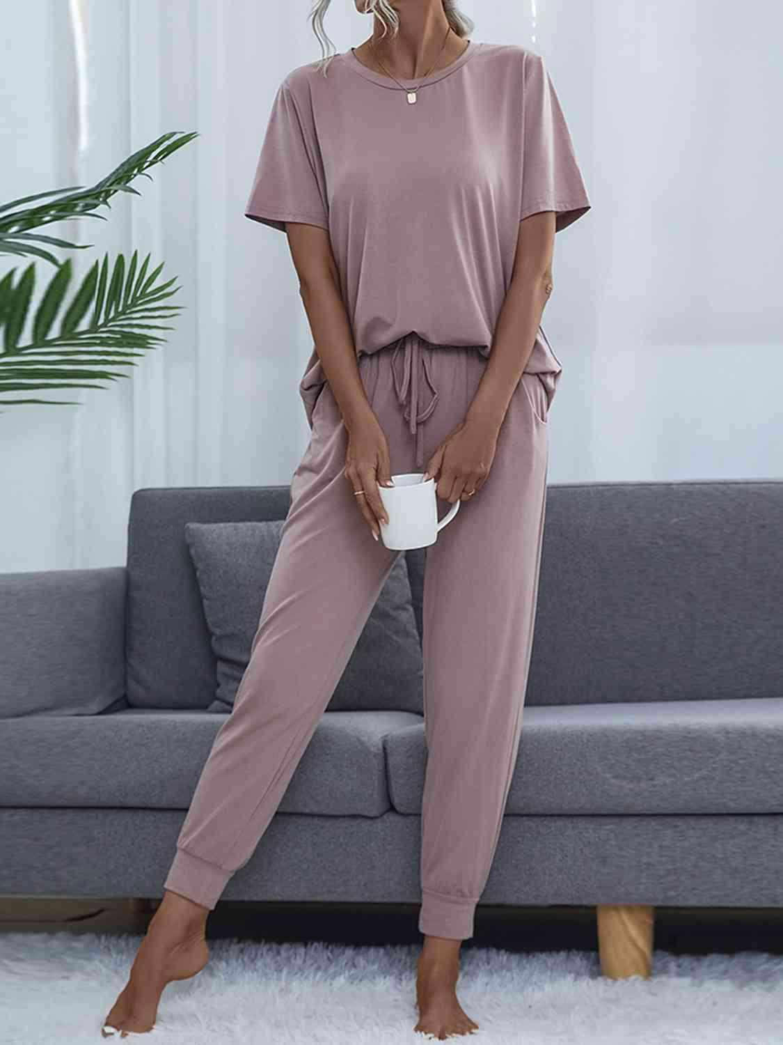 Round Neck Short Sleeve Top and Pants Set - Vesteeto