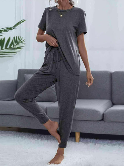 Round Neck Short Sleeve Top and Pants Set - Vesteeto