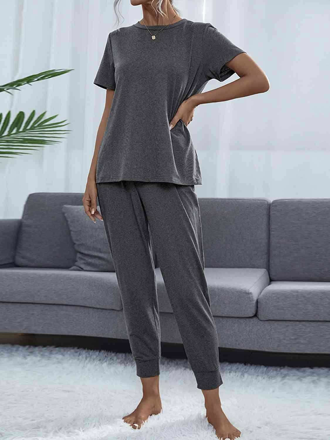 Round Neck Short Sleeve Top and Pants Set - Vesteeto