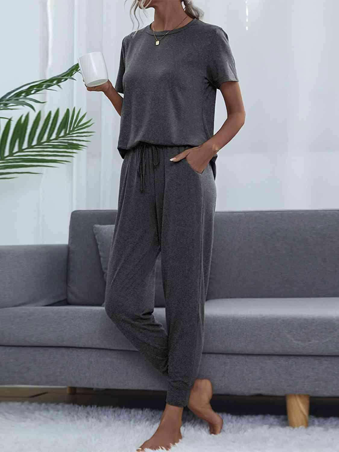 Round Neck Short Sleeve Top and Pants Set - Vesteeto