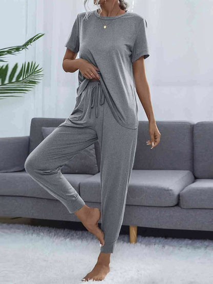 Round Neck Short Sleeve Top and Pants Set - Vesteeto