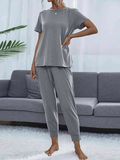 Round Neck Short Sleeve Top and Pants Set - Vesteeto