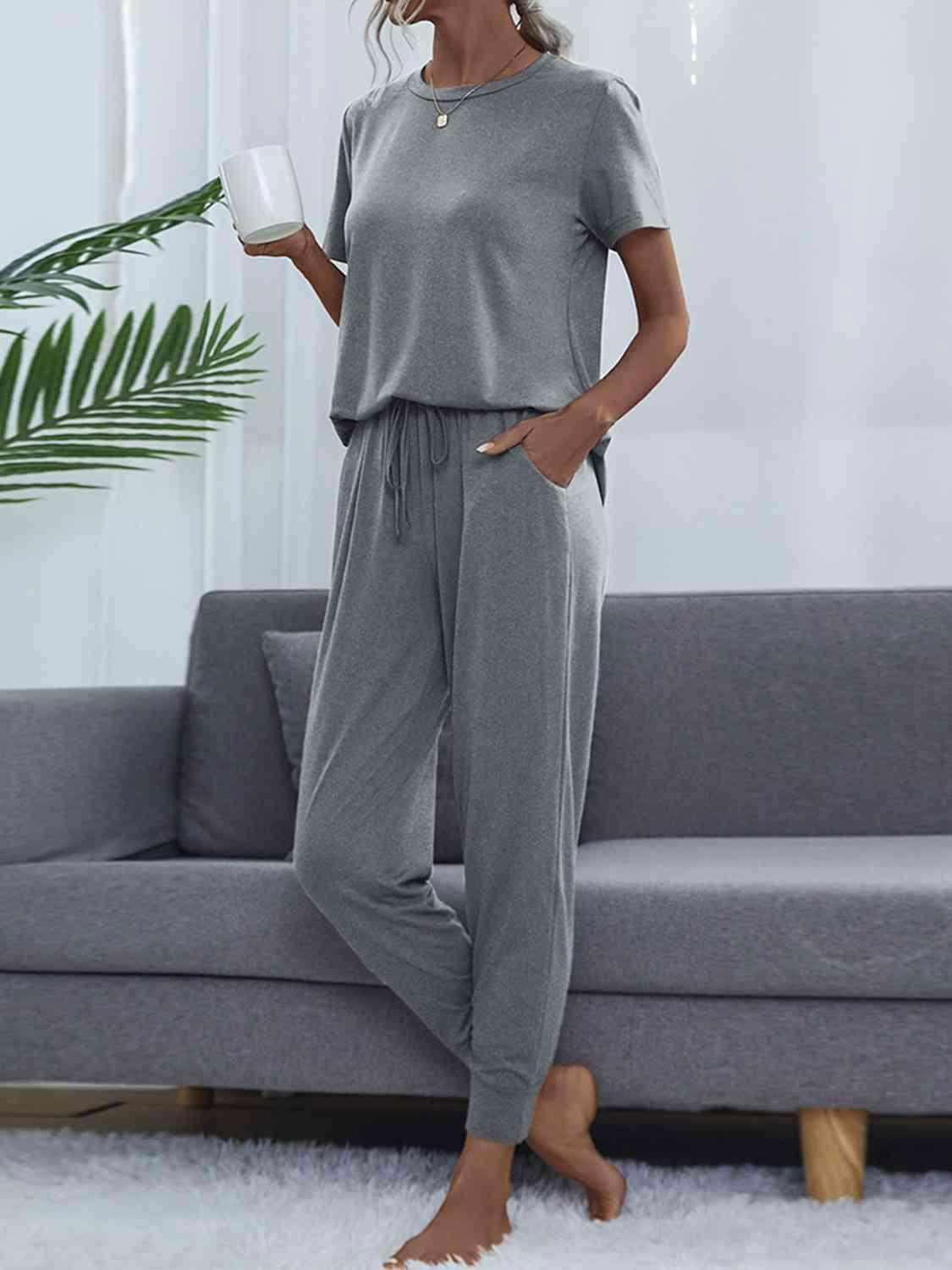 Round Neck Short Sleeve Top and Pants Set - Vesteeto