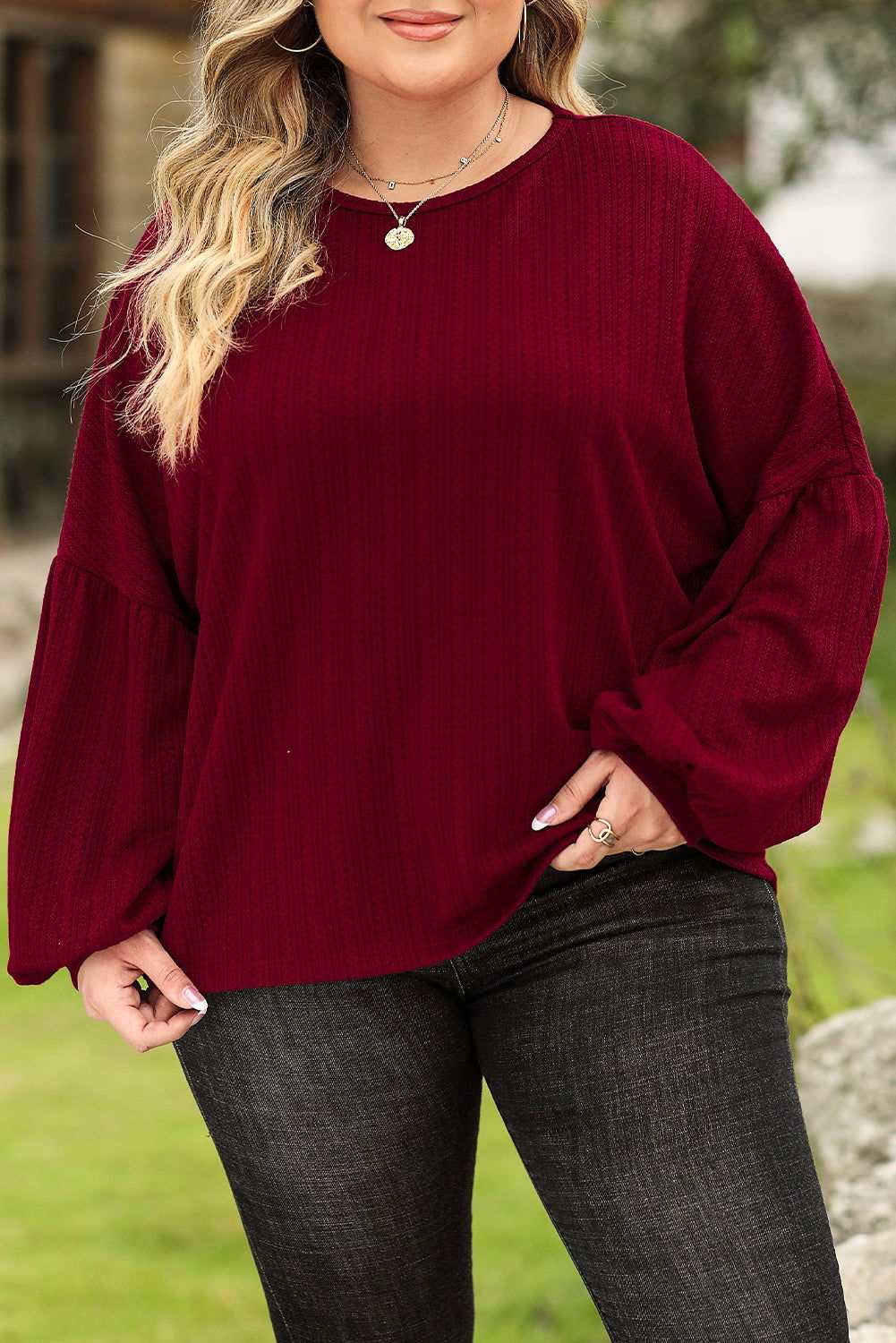 Ruby Plus Size Balloon Sleeve Textured Knit Top - Vesteeto