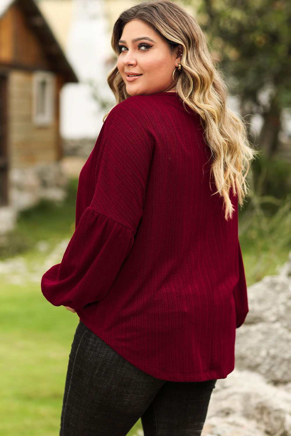 Ruby Plus Size Balloon Sleeve Textured Knit Top - Vesteeto