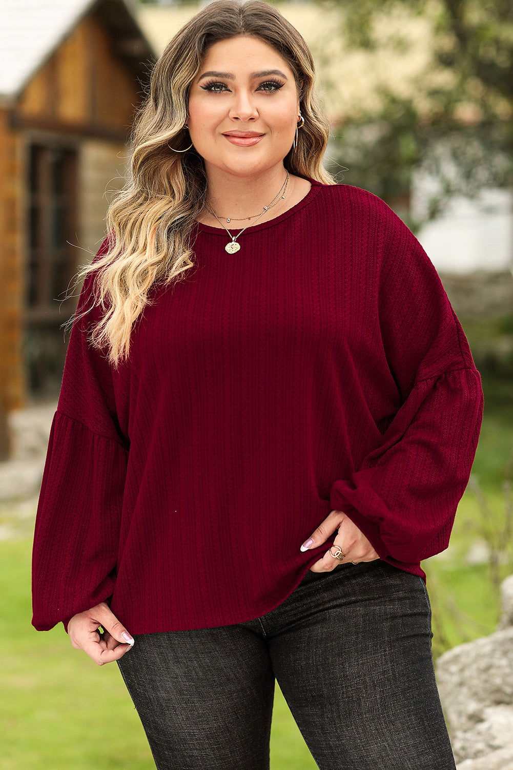 Ruby Plus Size Balloon Sleeve Textured Knit Top - Vesteeto