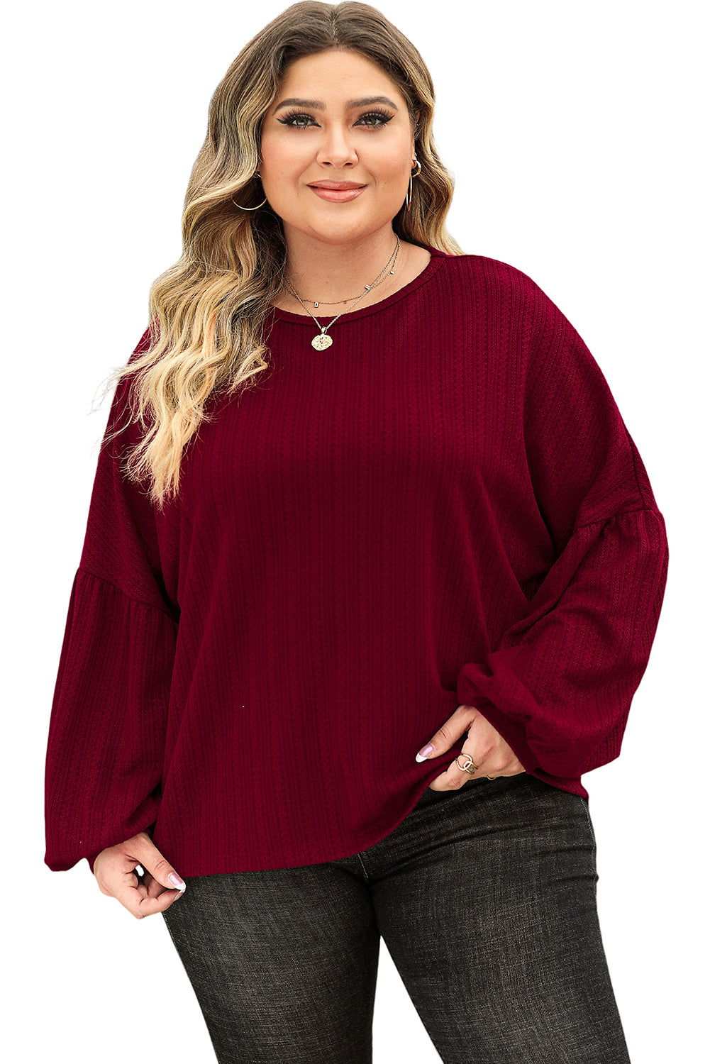 Ruby Plus Size Balloon Sleeve Textured Knit Top - Vesteeto