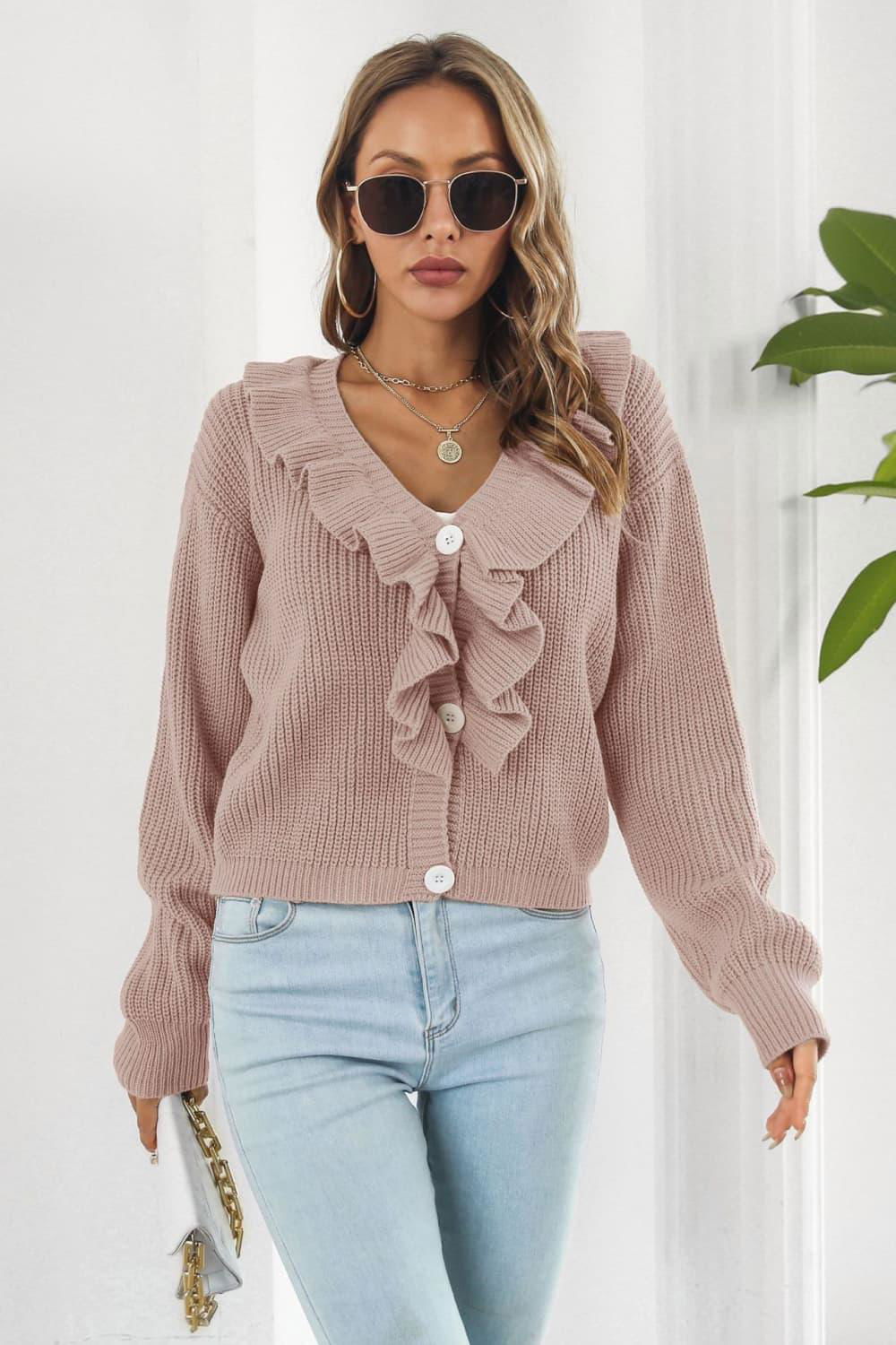 Ruffle Trim Button-Down Dropped Shoulder Sweater - Vesteeto