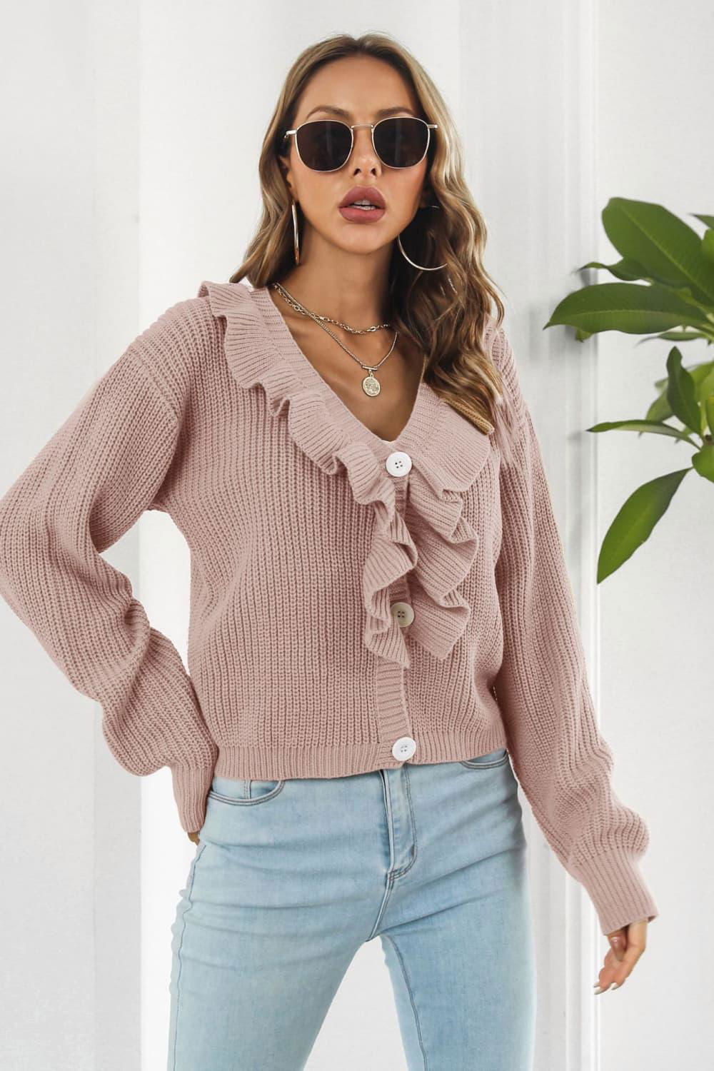 Ruffle Trim Button-Down Dropped Shoulder Sweater - Vesteeto