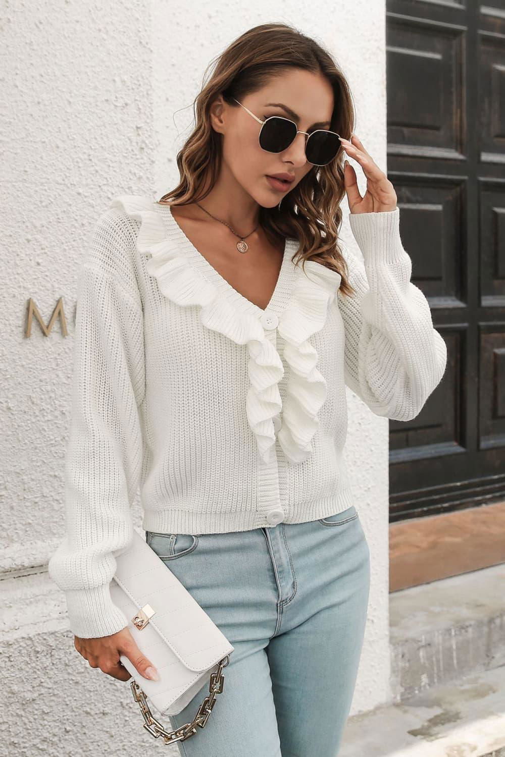 Ruffle Trim Button-Down Dropped Shoulder Sweater - Vesteeto