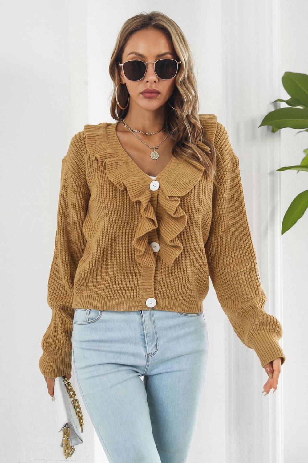 Ruffle Trim Button-Down Dropped Shoulder Sweater - Vesteeto