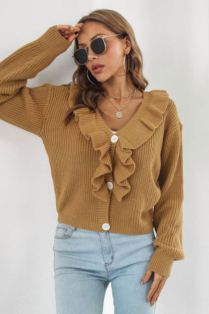 Ruffle Trim Button-Down Dropped Shoulder Sweater - Vesteeto