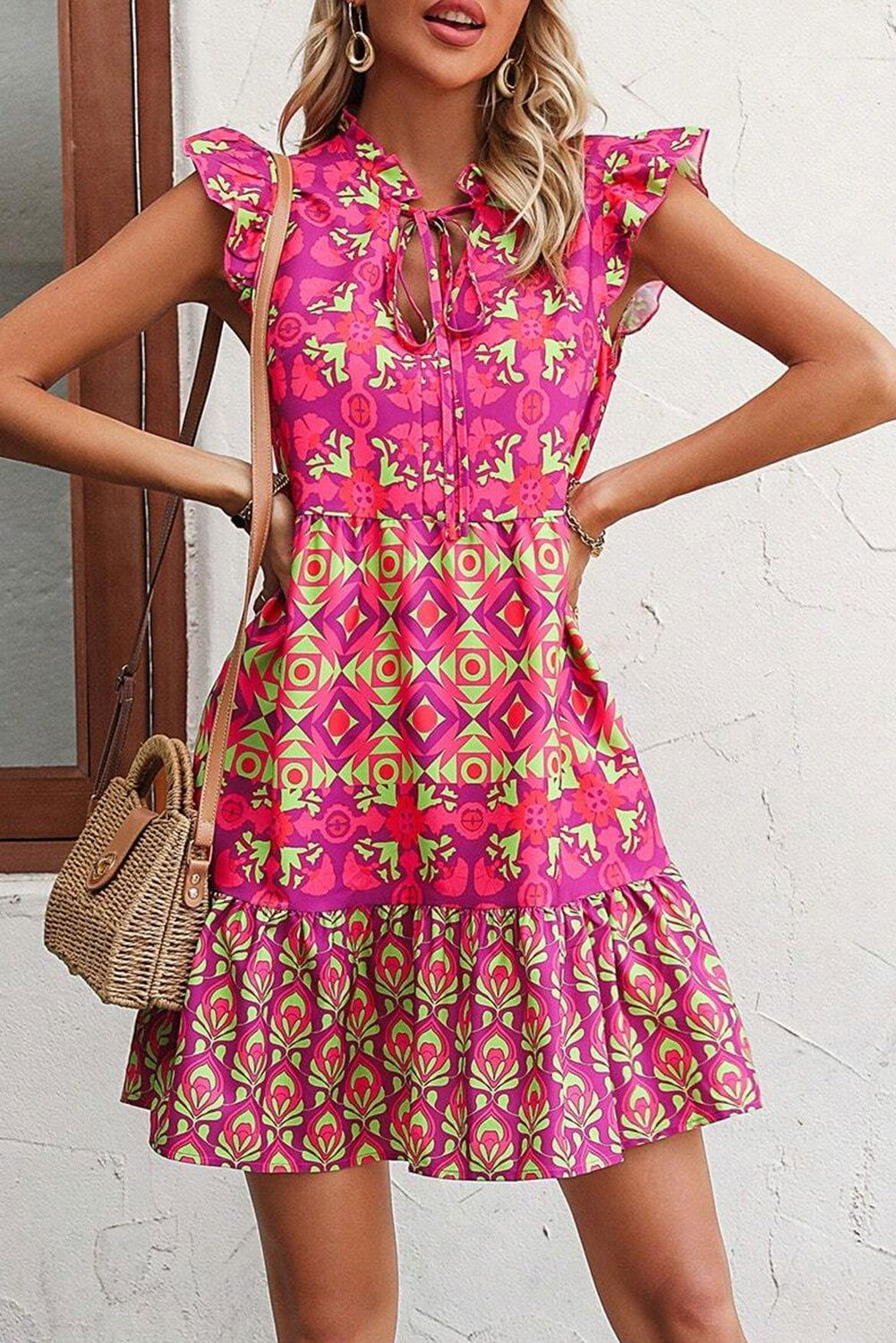 Sachet Pink Floral Print Ruffle Sleeveless Tie Neck Short Dress - Vesteeto