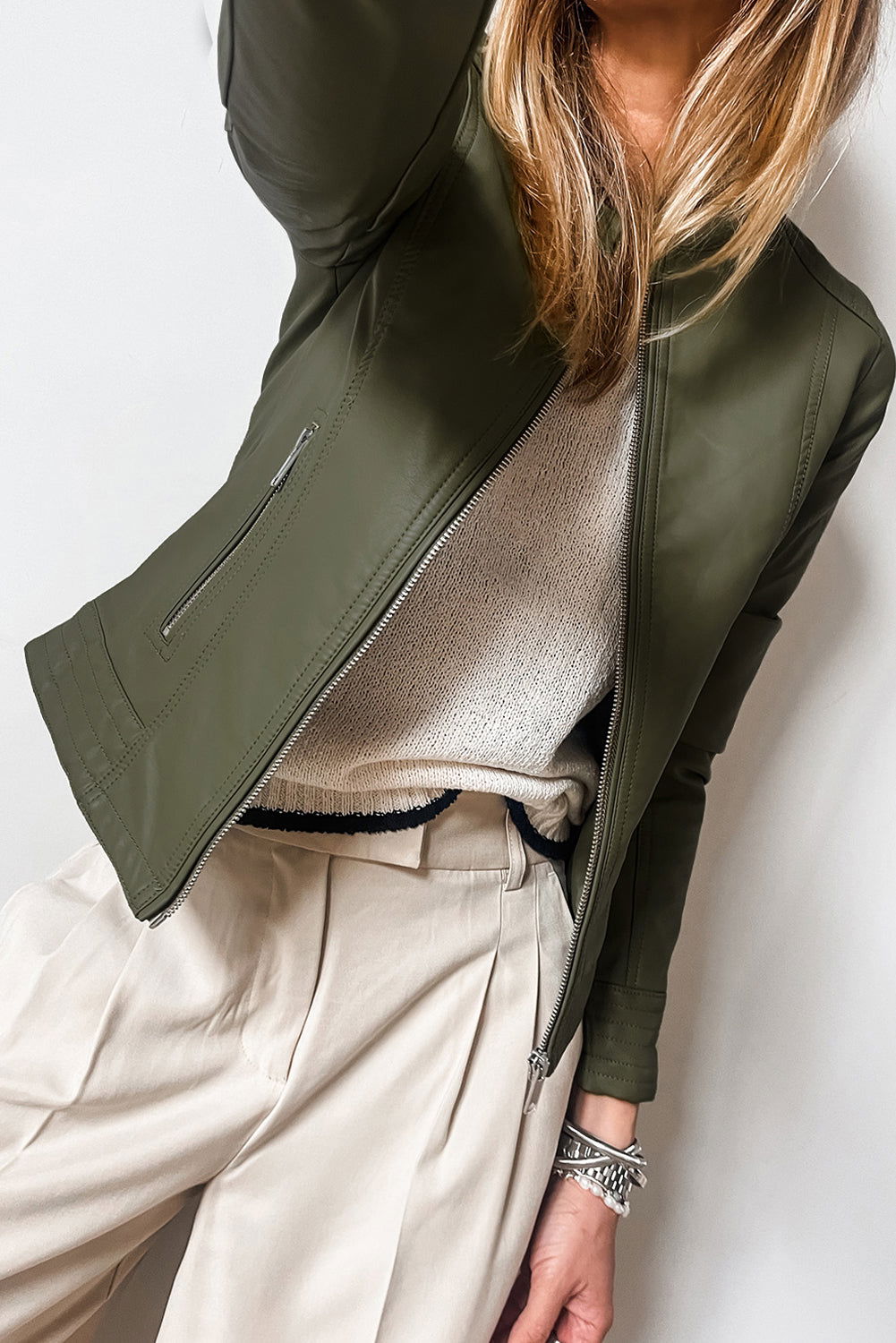 Sage Green Faux Leather Pockets Round Neck Zipper Jacket - Vesteeto