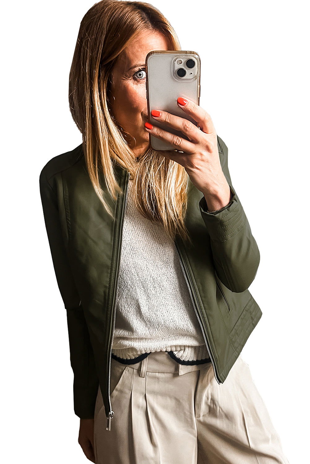 Sage Green Faux Leather Pockets Round Neck Zipper Jacket - Vesteeto