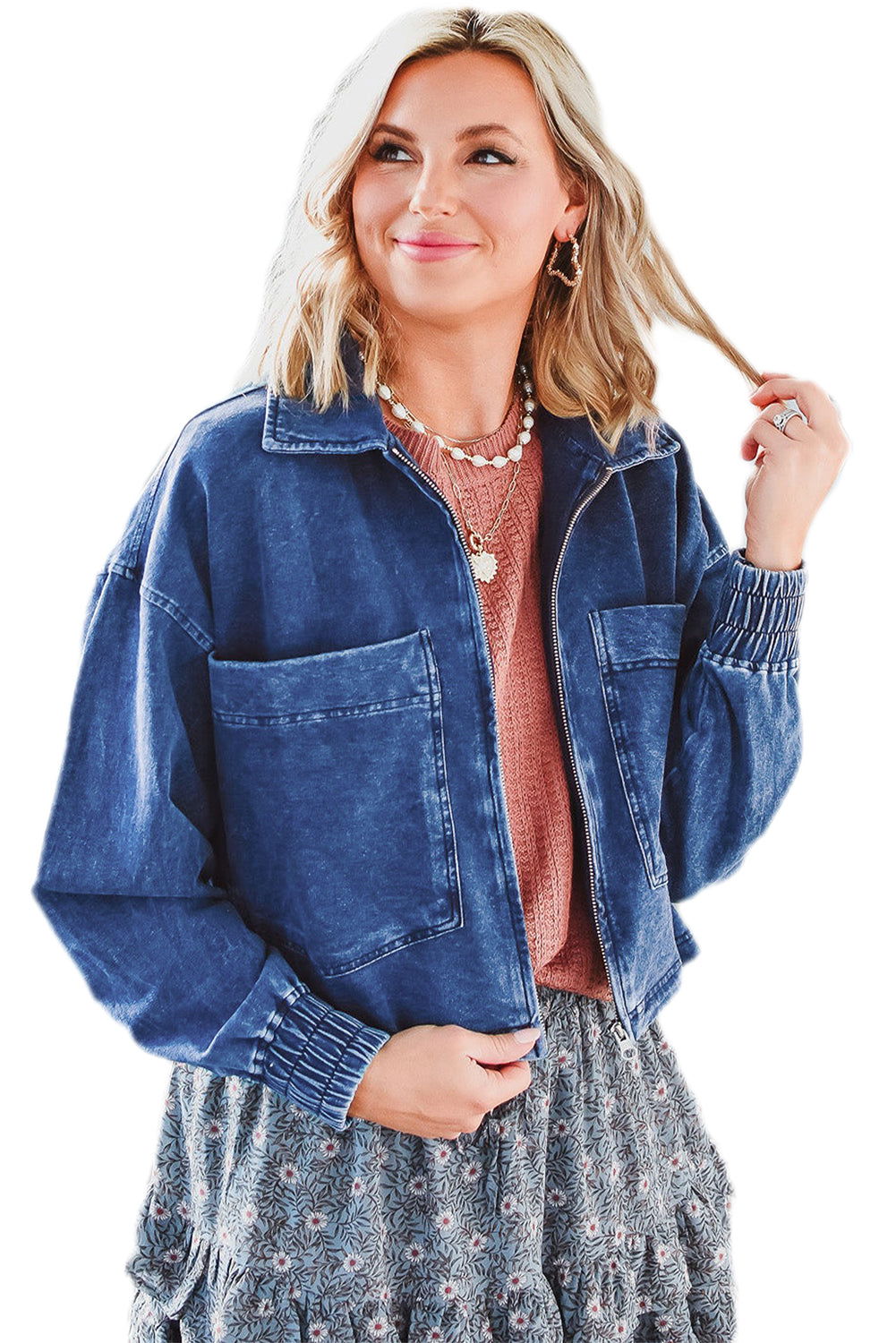 Sail Blue Large Side Pockets Zip Up Denim Jacket - Vesteeto