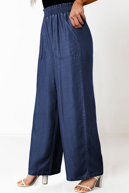 Sail Blue Side Pockets Frilled Smocked High Waist Wide Leg Jeans - Vesteeto