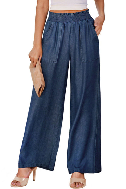 Sail Blue Side Pockets Frilled Smocked High Waist Wide Leg Jeans - Vesteeto