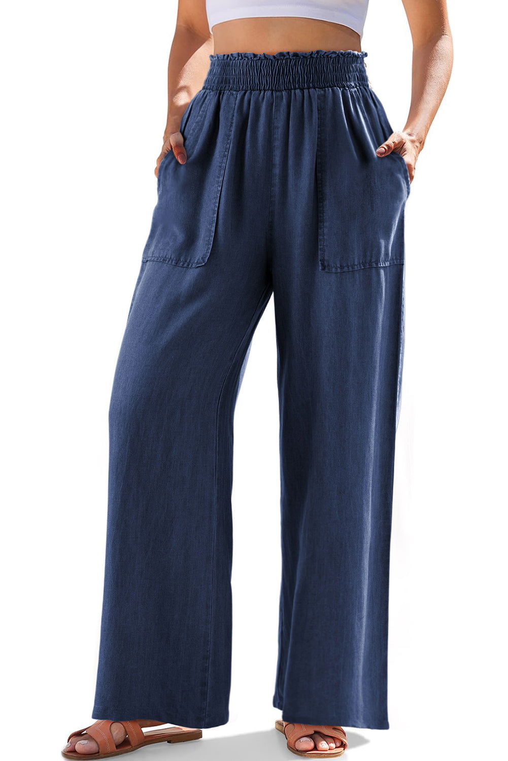 Sail Blue Side Pockets Frilled Smocked High Waist Wide Leg Jeans - Vesteeto