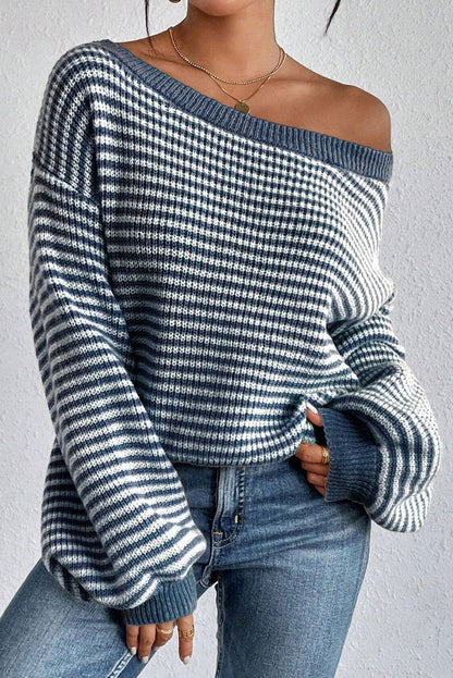 Sail Blue Striped Drop Shoulder Lantern Sleeve Sweater - Vesteeto