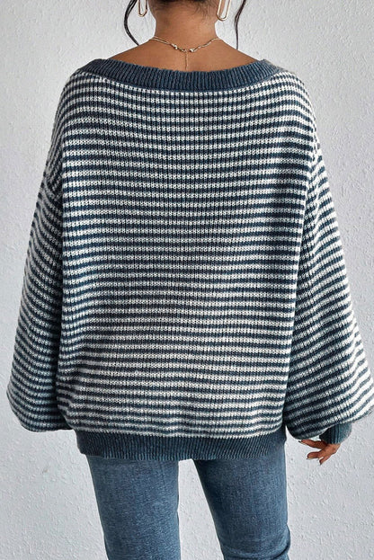 Sail Blue Striped Drop Shoulder Lantern Sleeve Sweater - Vesteeto