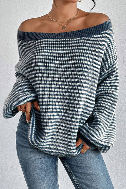 Sail Blue Striped Drop Shoulder Lantern Sleeve Sweater - Vesteeto