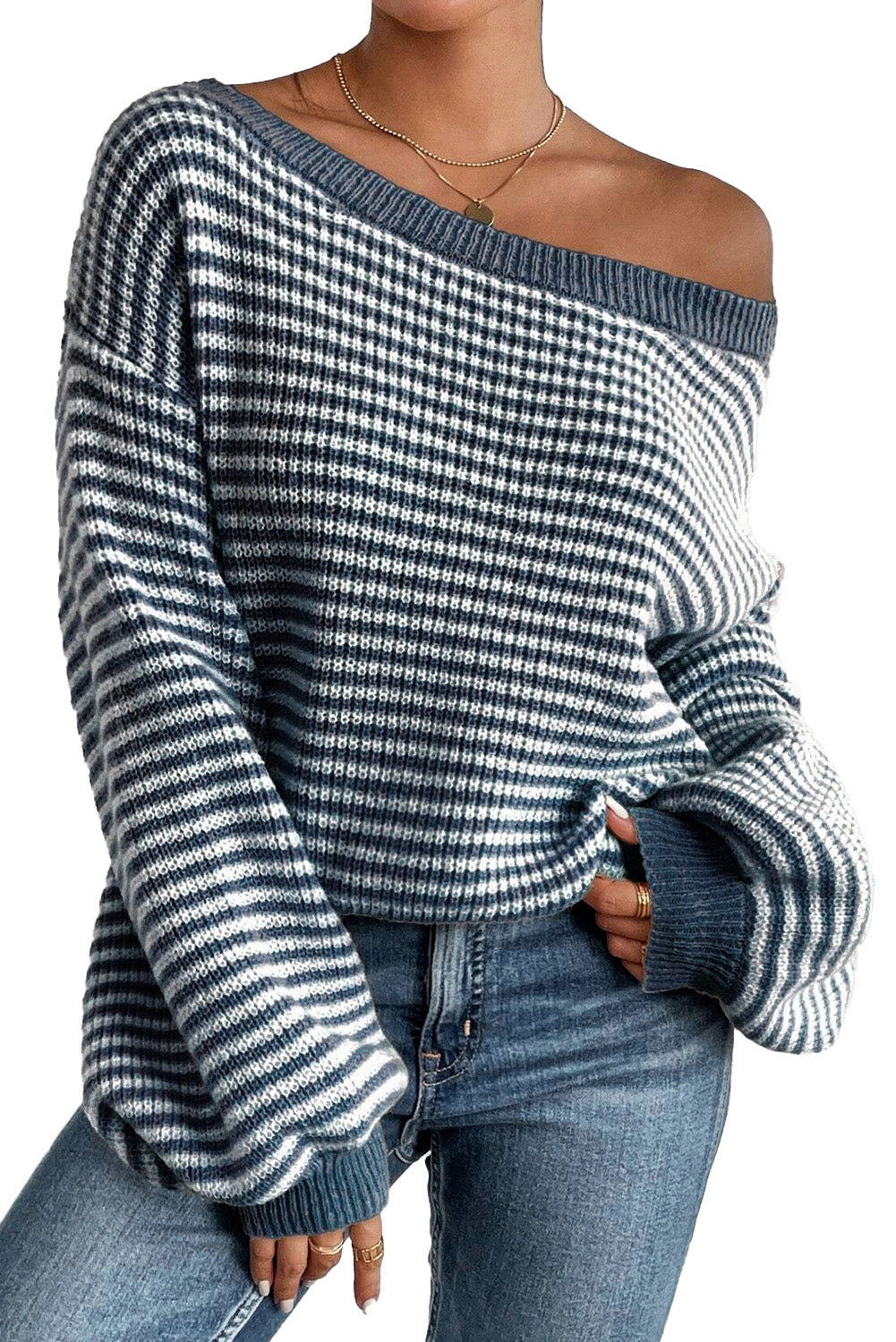 Sail Blue Striped Drop Shoulder Lantern Sleeve Sweater - Vesteeto