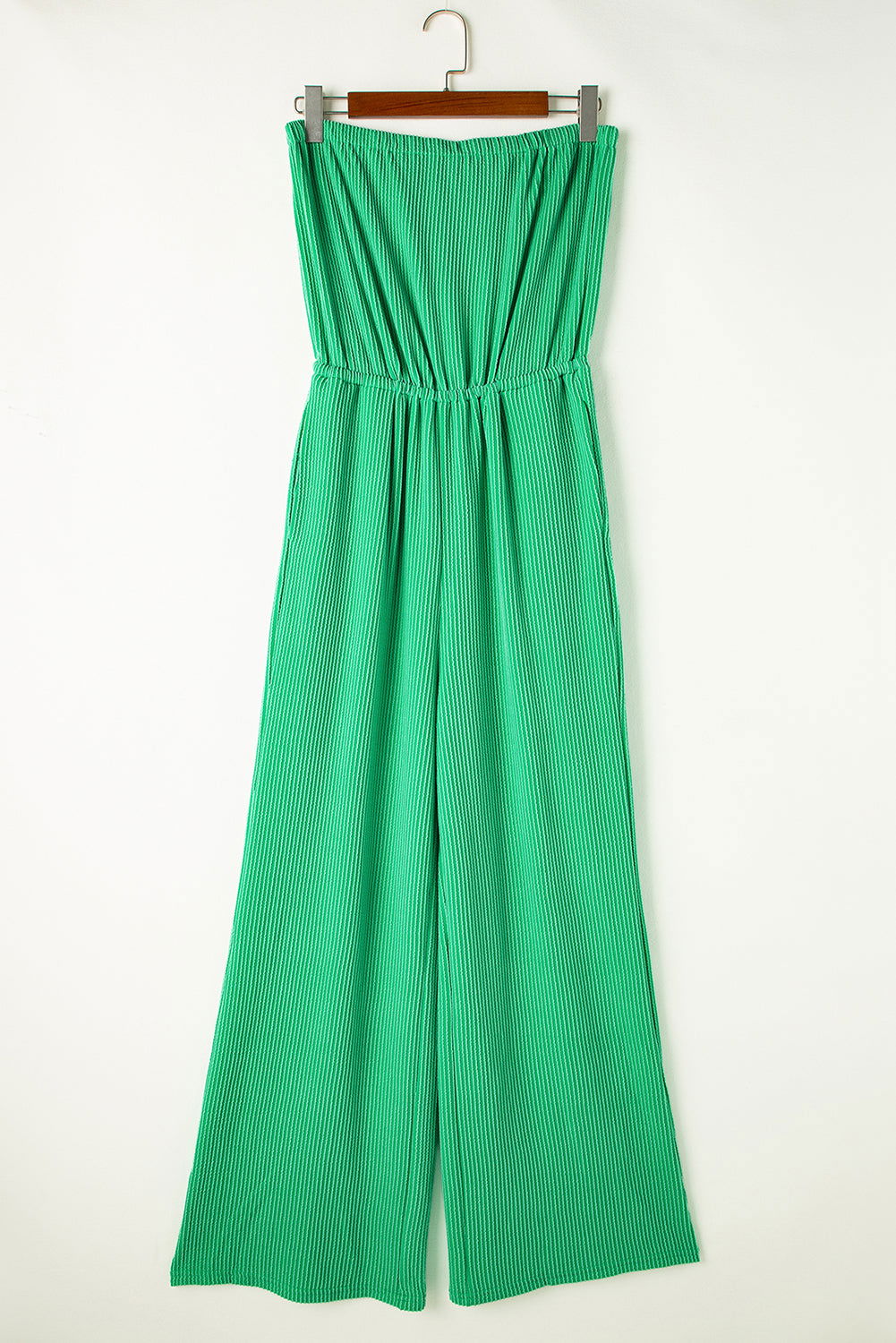 Sea Green Plain Ribbed Strapless Wide Leg Jumpsuit - Vesteeto