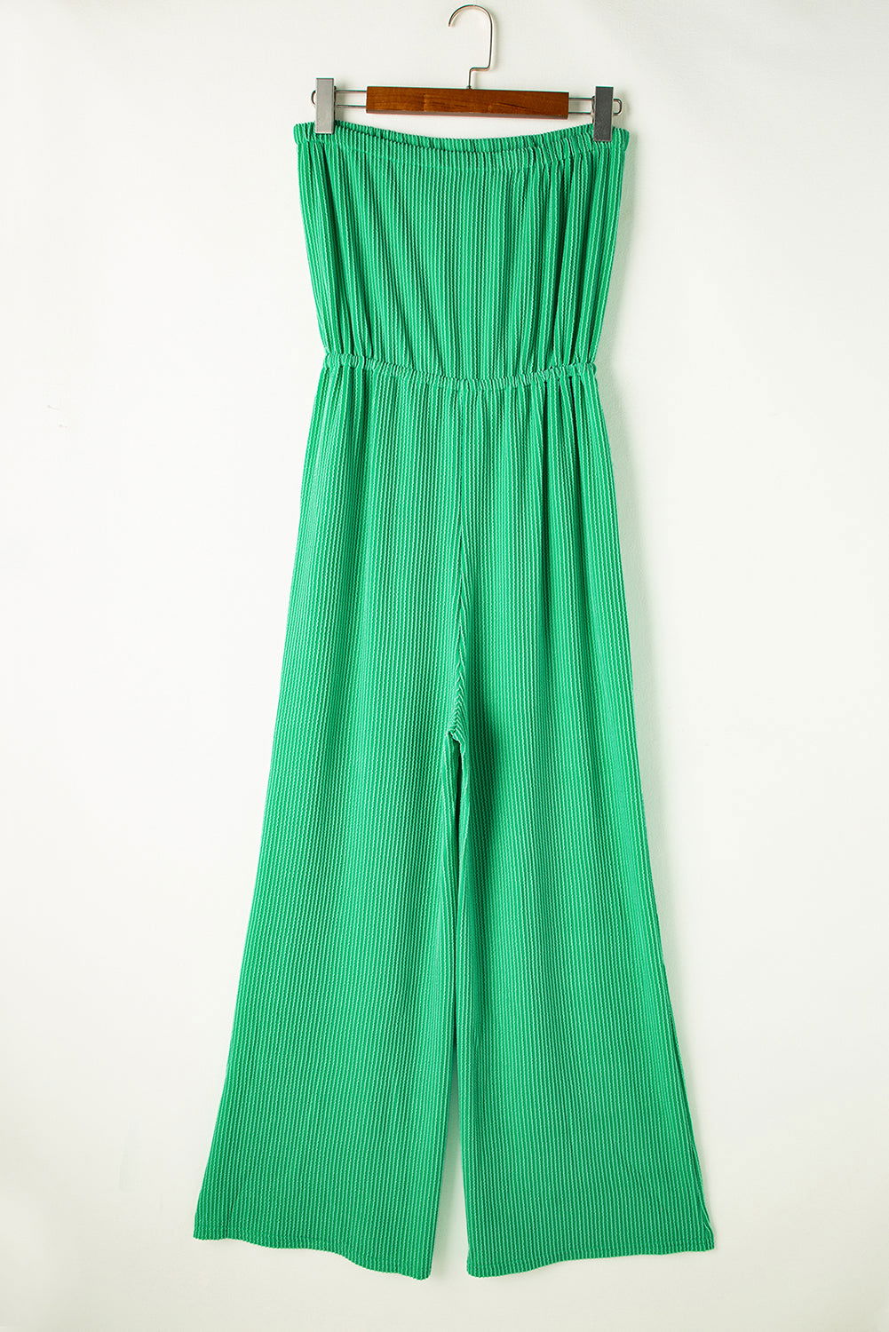 Sea Green Plain Ribbed Strapless Wide Leg Jumpsuit - Vesteeto