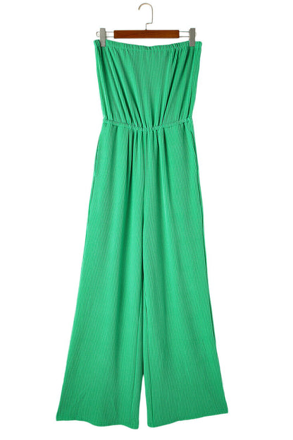 Sea Green Plain Ribbed Strapless Wide Leg Jumpsuit - Vesteeto