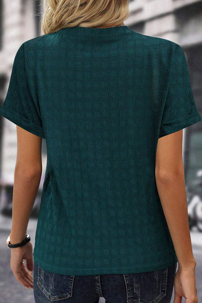 Sea Green Textured Split V-Neck Short Sleeve Blouse - Vesteeto