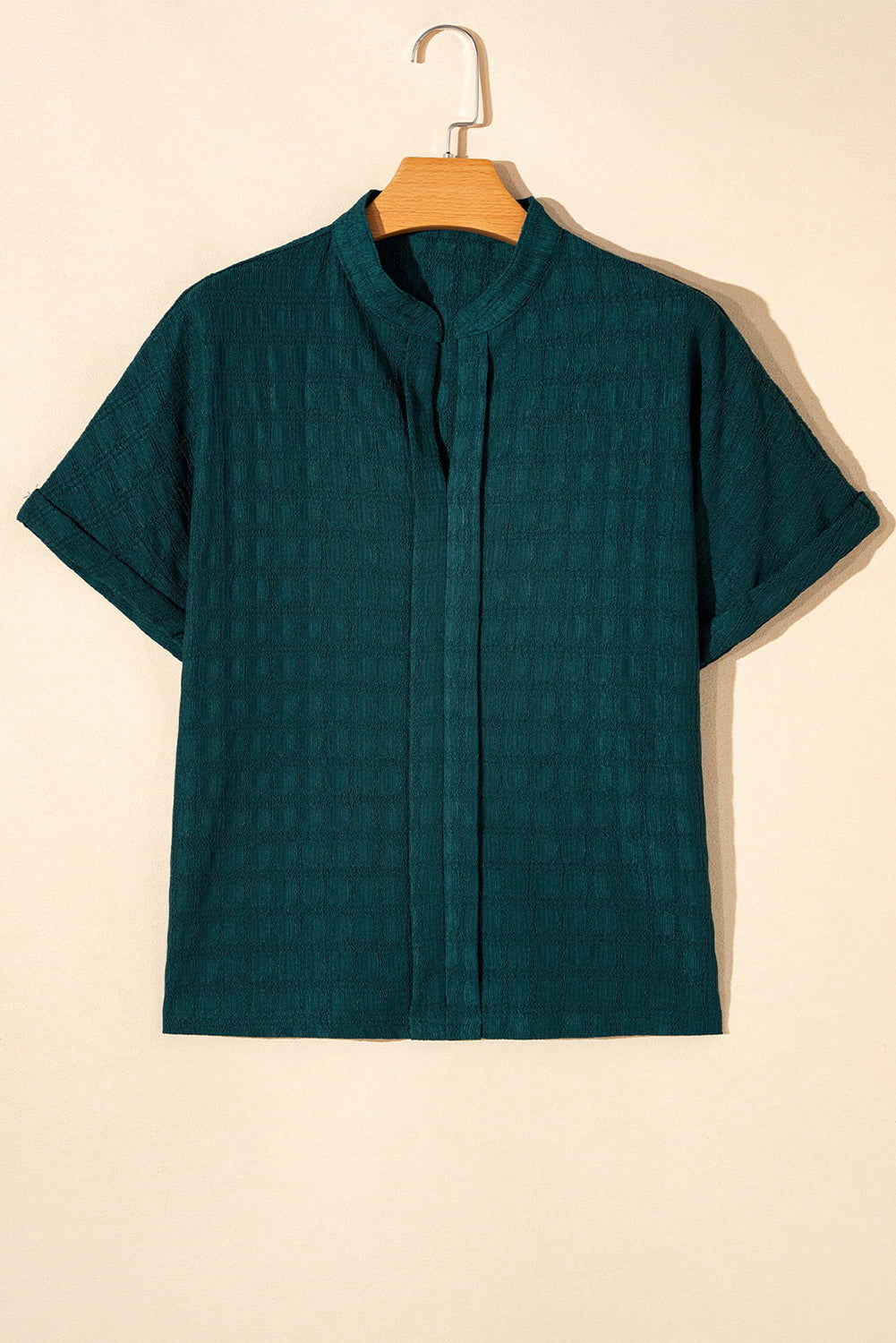 Sea Green Textured Split V-Neck Short Sleeve Blouse - Vesteeto