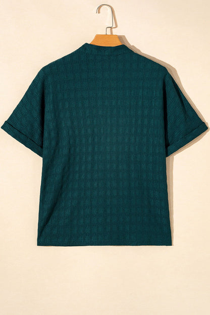 Sea Green Textured Split V-Neck Short Sleeve Blouse - Vesteeto