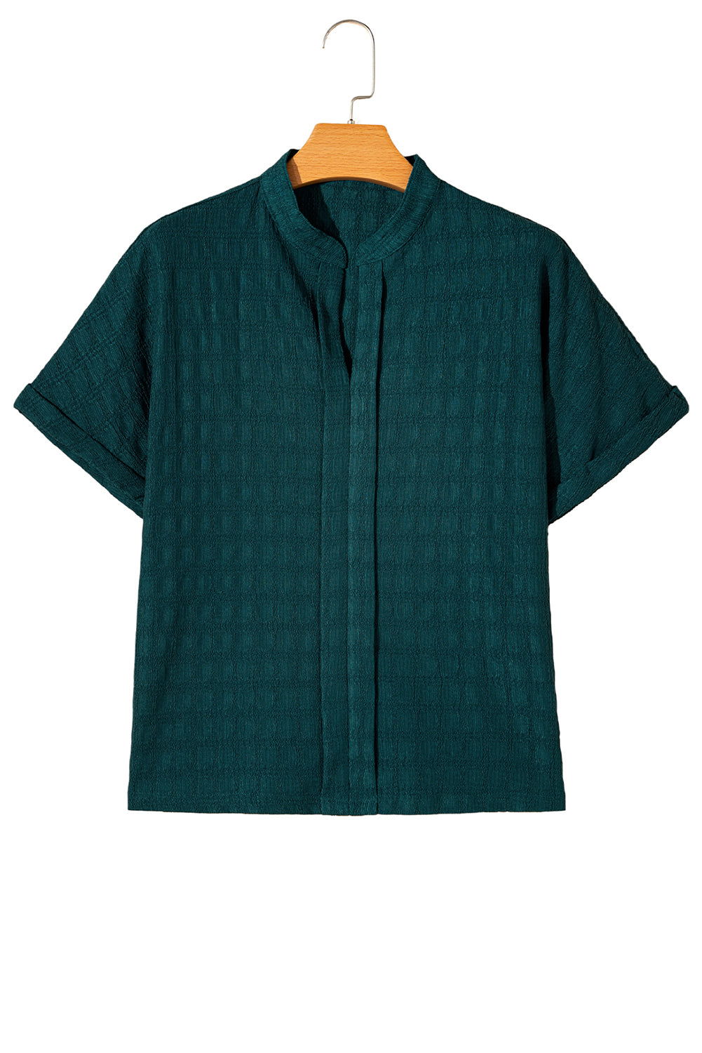 Sea Green Textured Split V-Neck Short Sleeve Blouse - Vesteeto