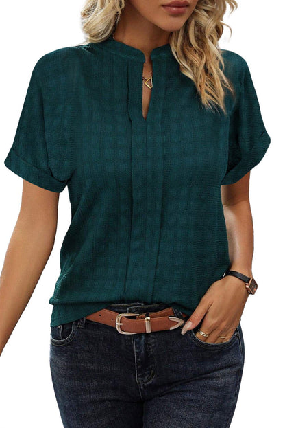 Sea Green Textured Split V-Neck Short Sleeve Blouse - Vesteeto