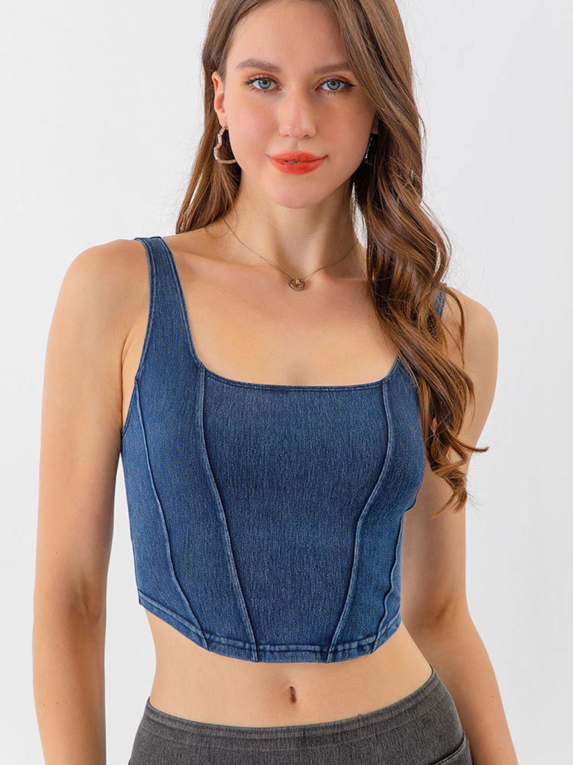 Seam Detail Cropped Denim Tank - Vesteeto