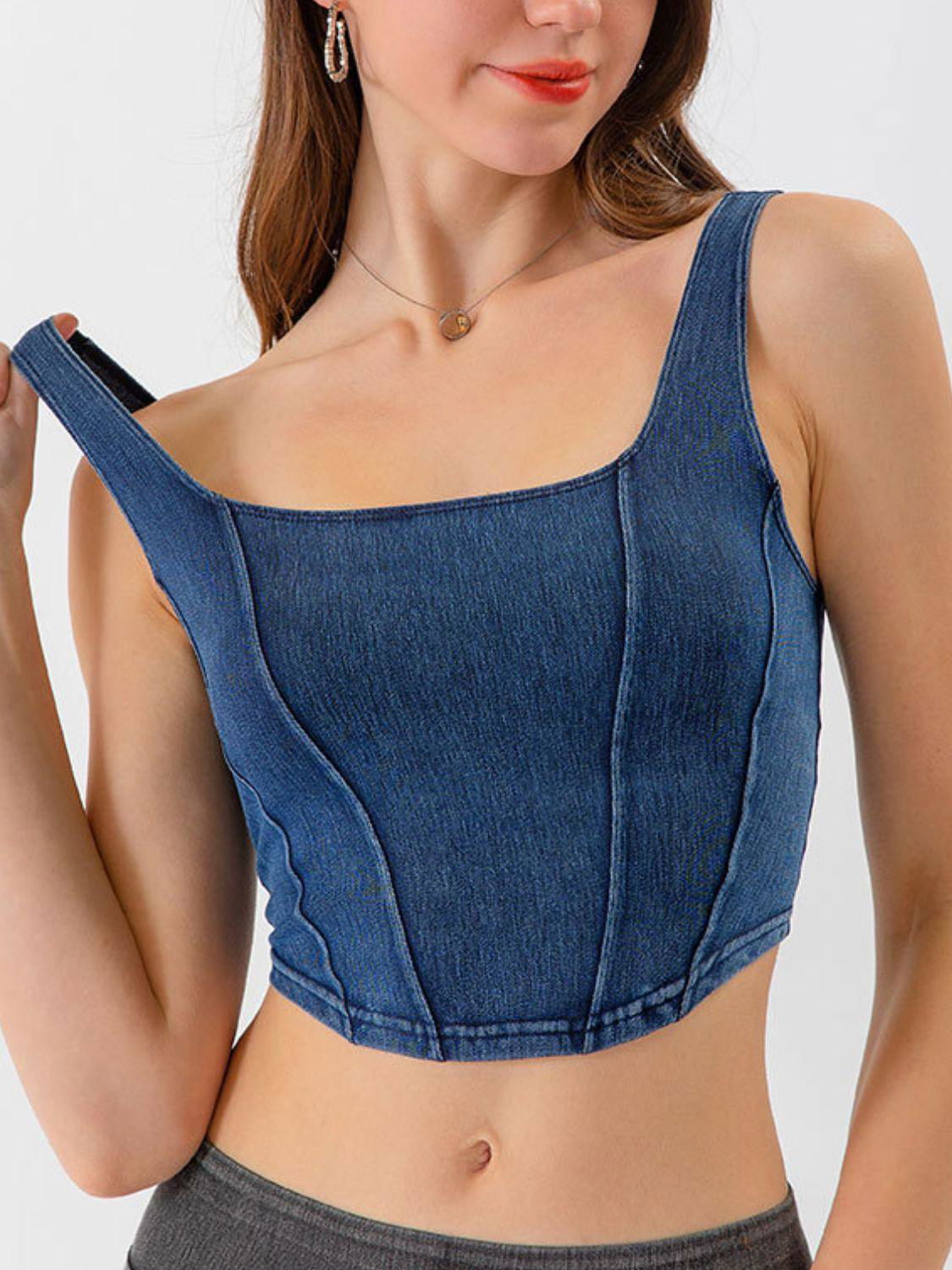 Seam Detail Cropped Denim Tank - Vesteeto