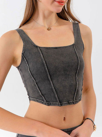 Seam Detail Cropped Denim Tank - Vesteeto