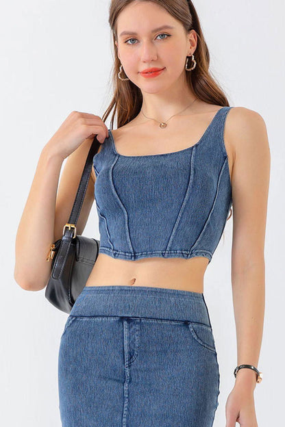 Seam Detail Cropped Denim Tank - Vesteeto