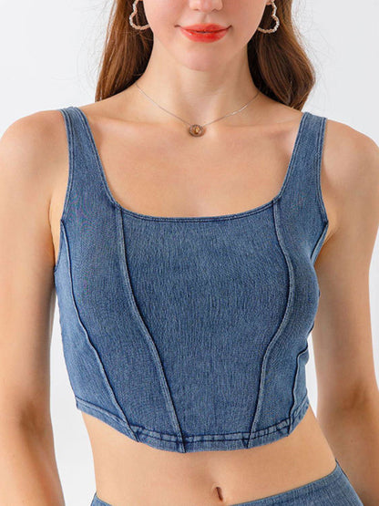 Seam Detail Cropped Denim Tank - Vesteeto