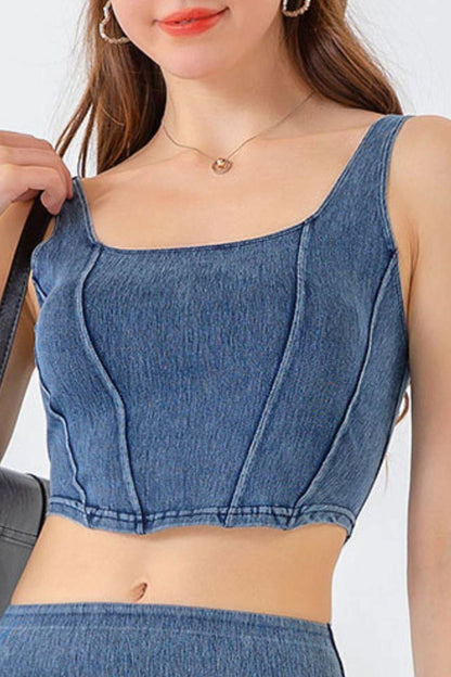 Seam Detail Cropped Denim Tank - Vesteeto