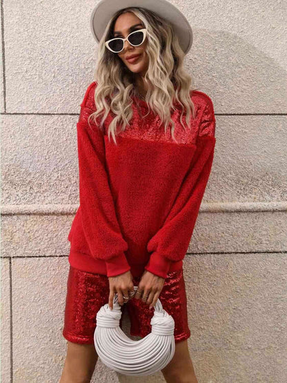 Sequin Teddy Sweatshirt and Shorts Set - Vesteeto