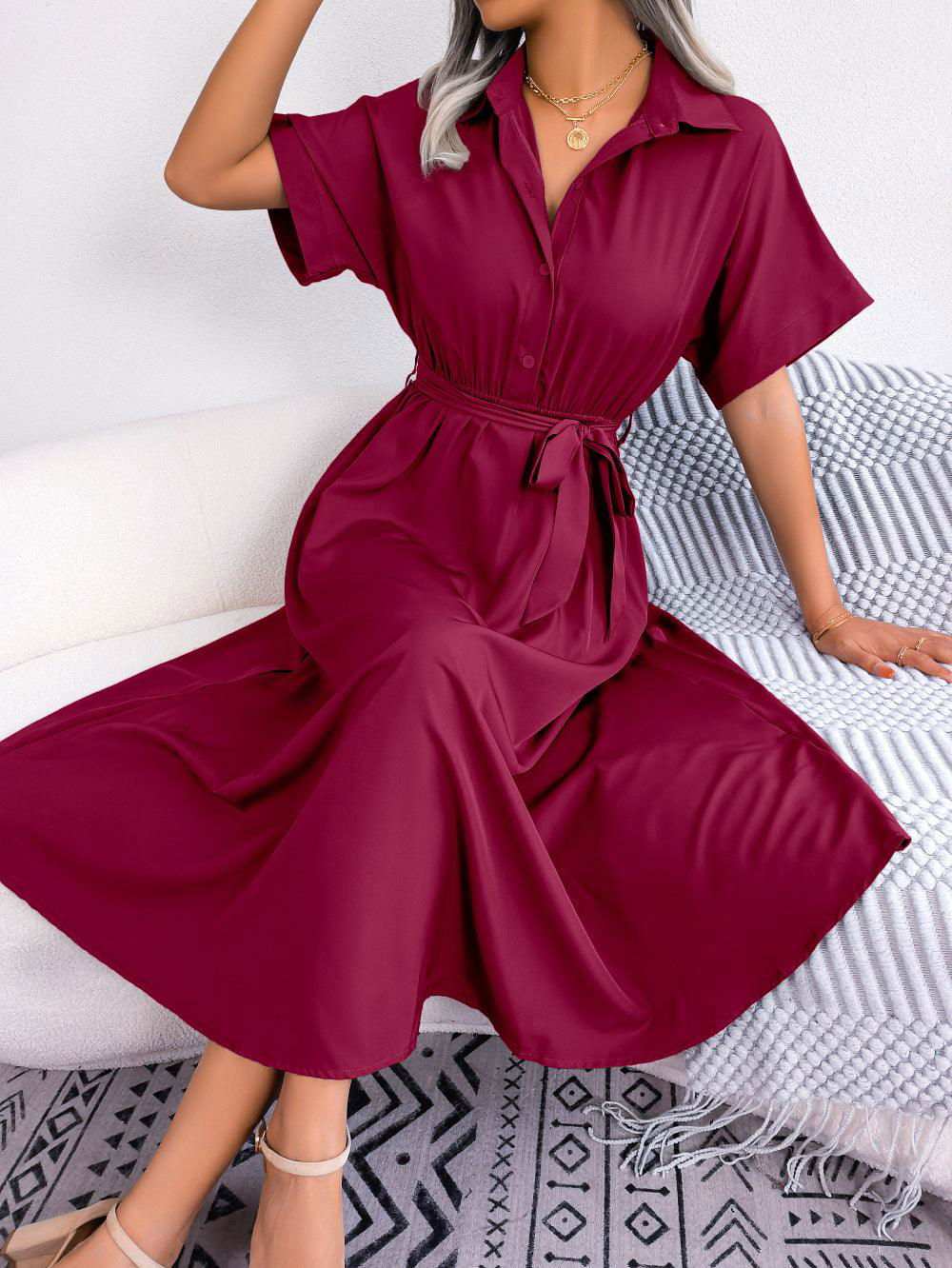 Short Sleeve Collared Tie Belt Dress - Vesteeto